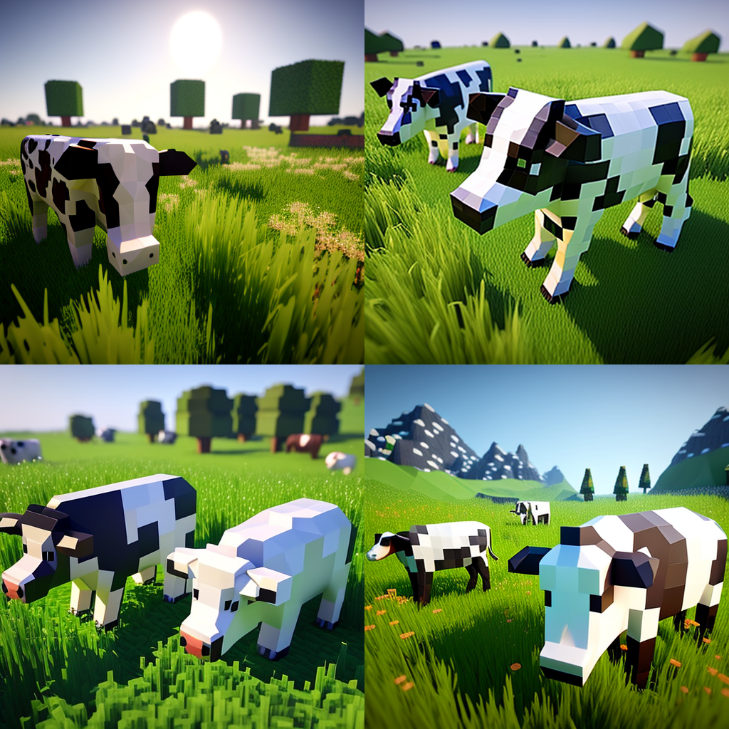 hyper-realistic minecraft cows grazing in a field, 8k